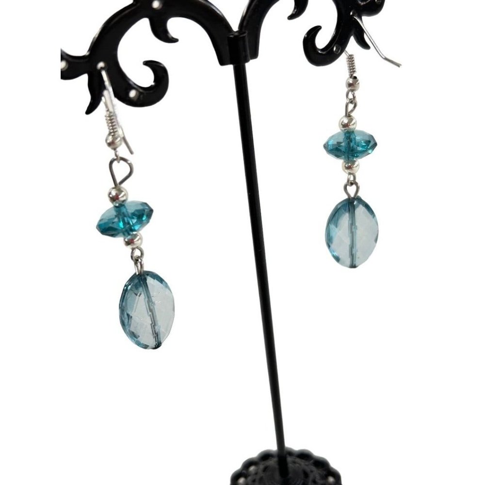 Blue Teal Faceted Acrylic Beaded Hook Pierced Earrings 2.5" Drop Dangle Silverto - Picture 4 of 5